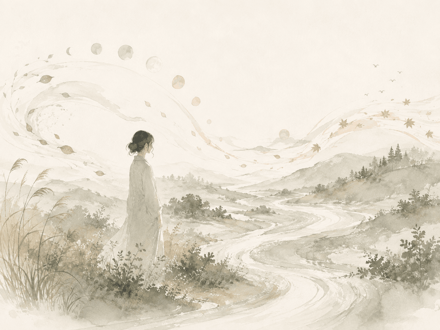 霧の川辺を見つめる人の水彩イラスト