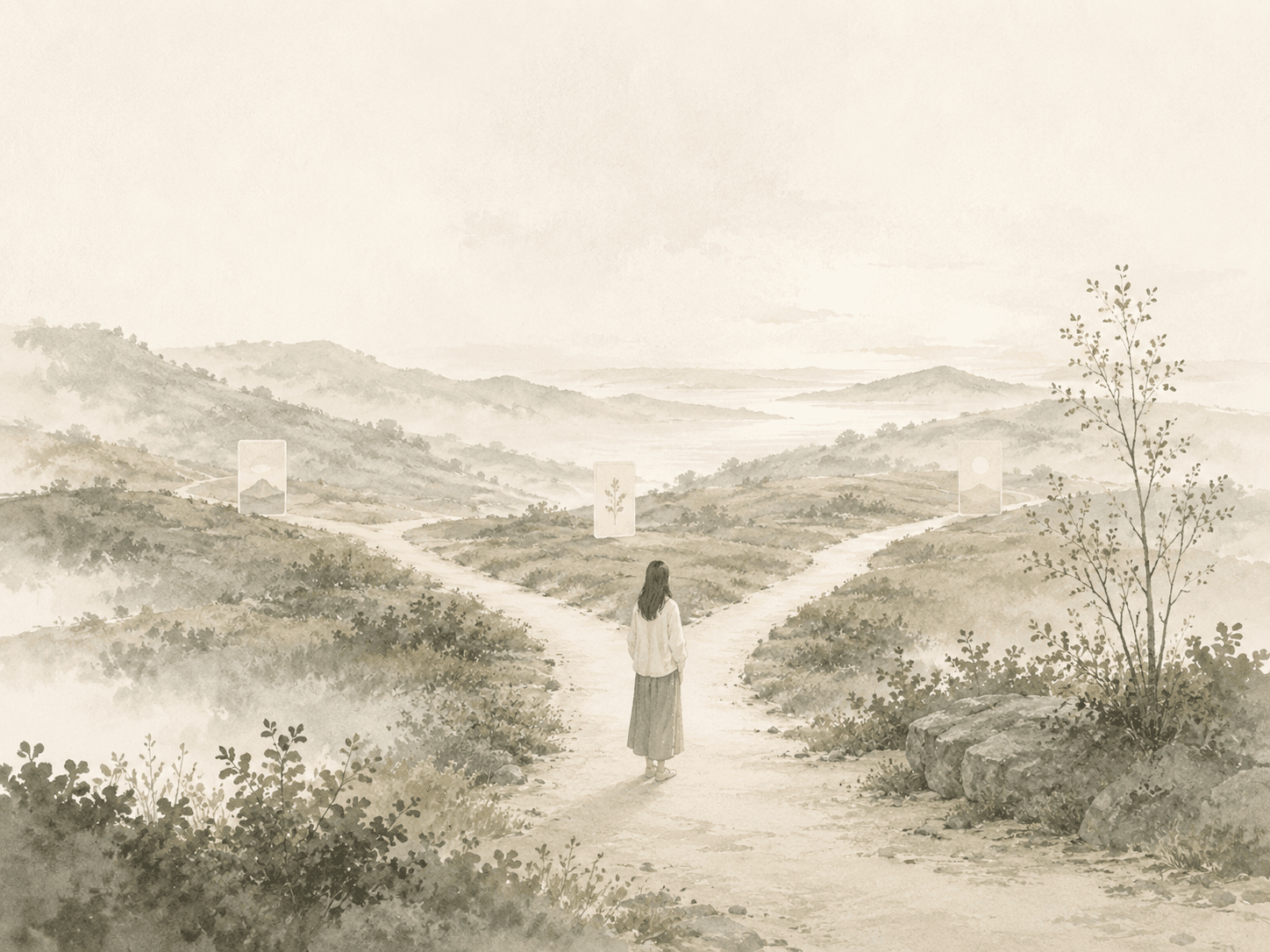 霧の分かれ道に佇む旅人の水彩イラスト
