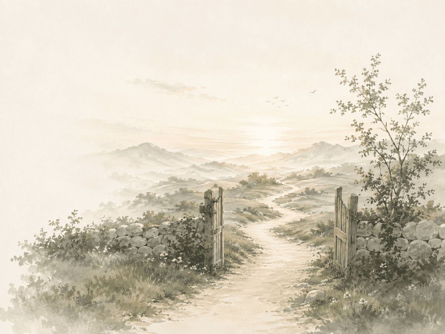 霧の谷へ続く小道と開いた門の水彩イラスト
