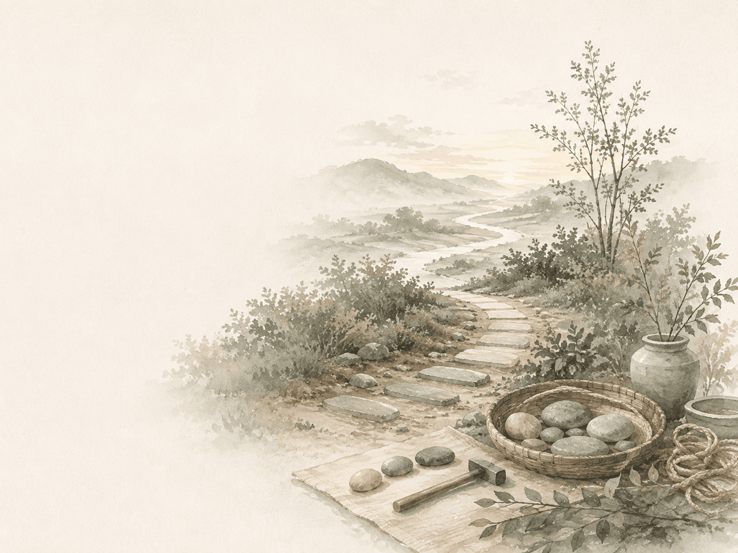 石と植物のある静かな庭の水彩イラスト